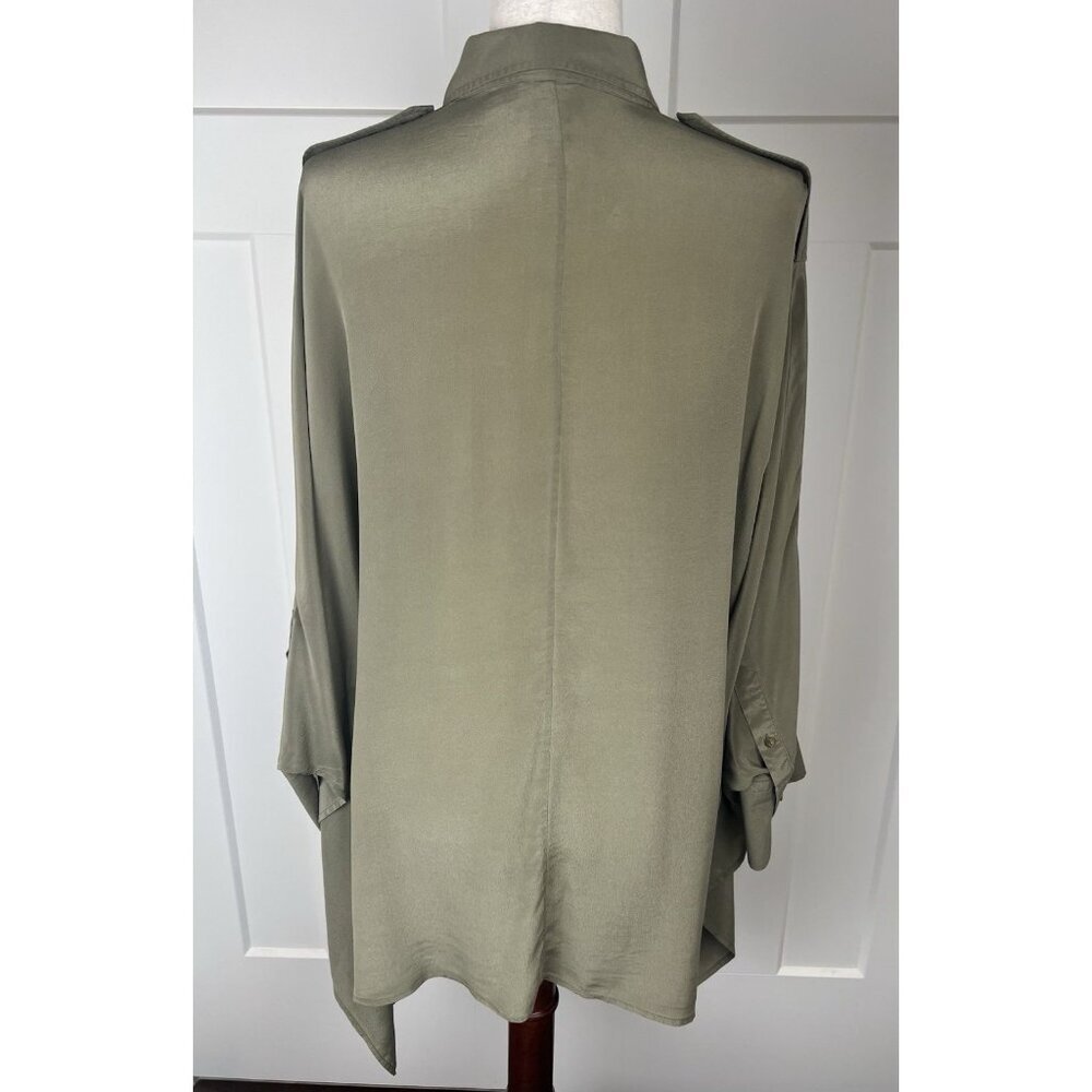 Polo Ralph Lauren 100% Silk Blouse Batwing Oversize Olive Green Asymmetrical M/L - Picture 8 of 11